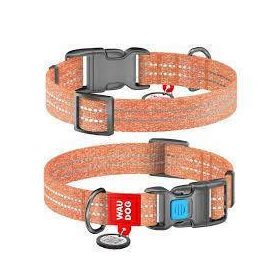   WAUDOG Re-cotton, Reflective Dog collar (M) - nyakörv, újrahasznosított pamutból (QR kódos, fényvisszaverő csíkkal, narancssárga) kutyák részére (28-40cm/20mm)